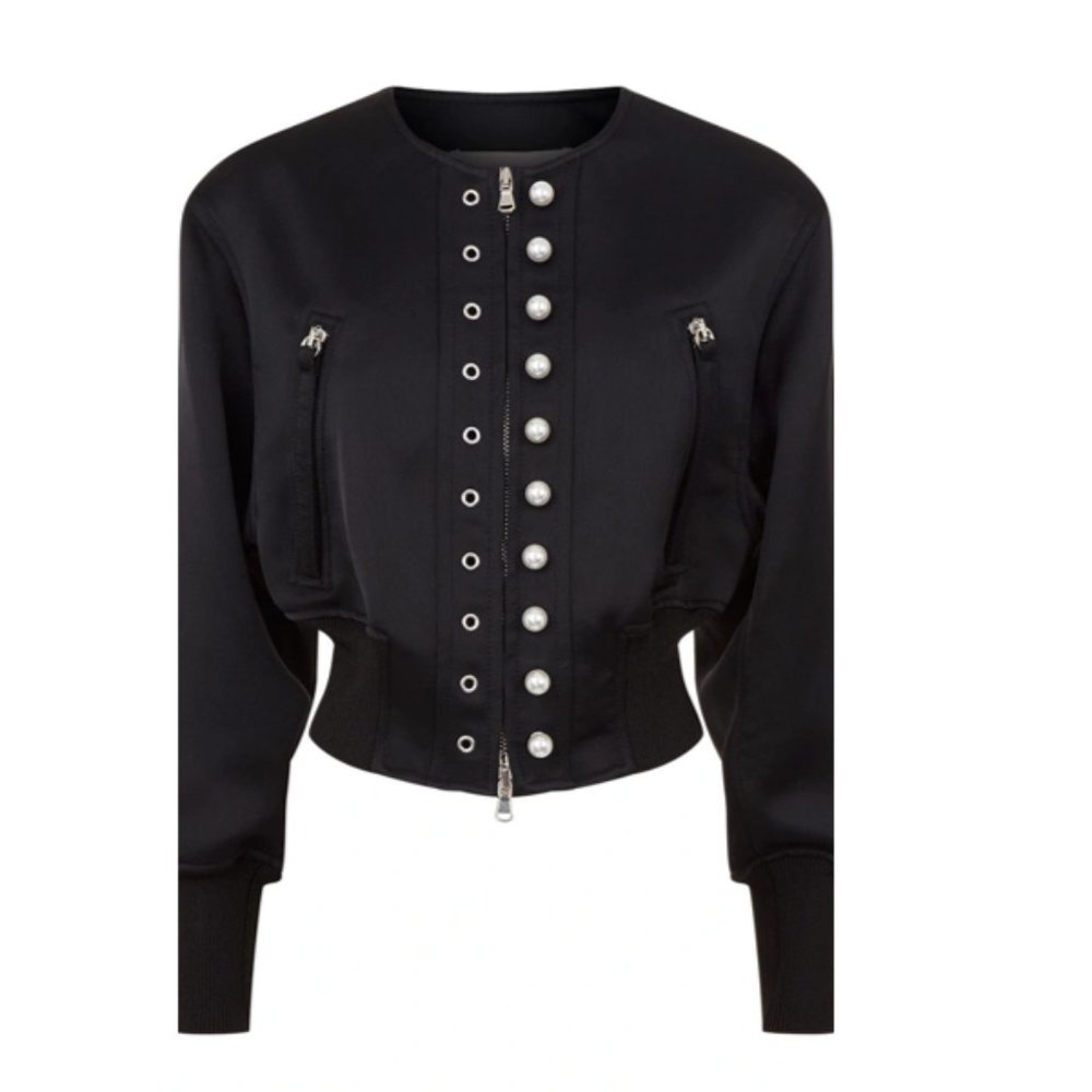 3.1 PHILLIP LIM Grommet & Faux Pearl Embellished Bomber Jacket In Black Size 10